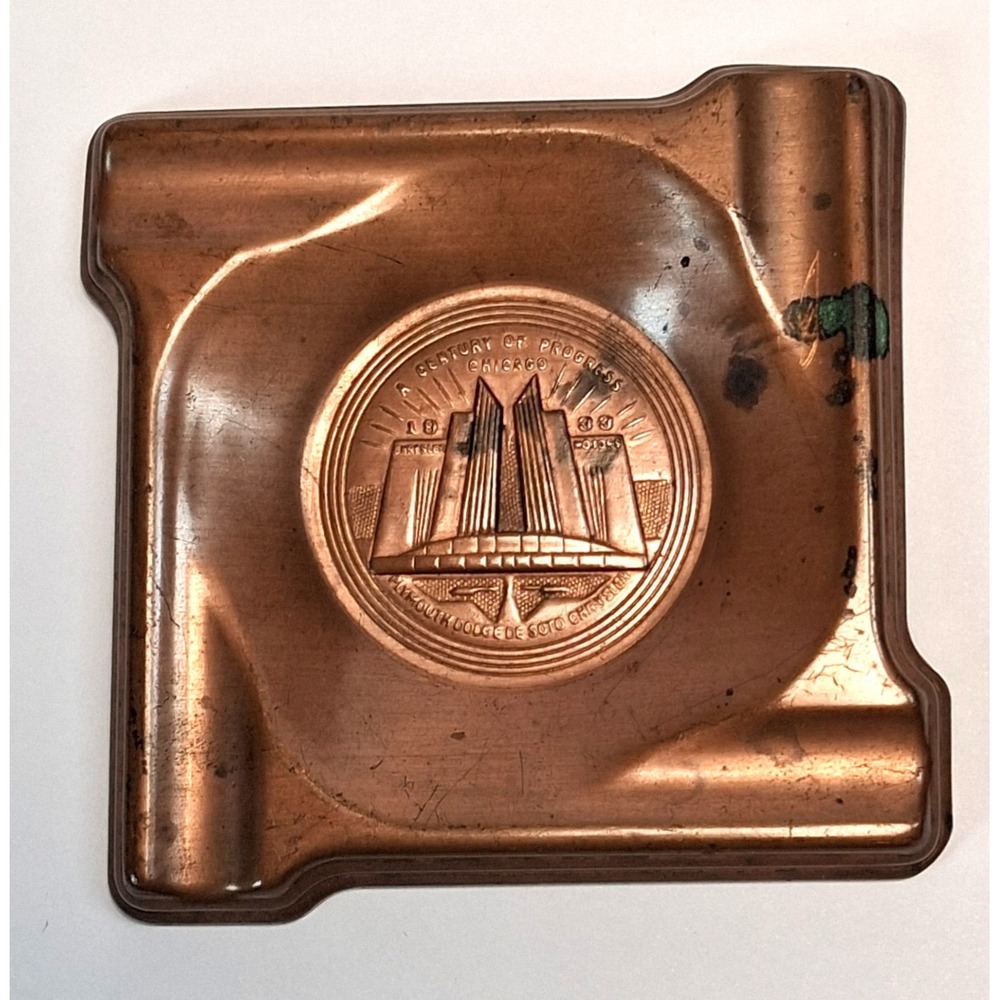 Vintage 1933 Chicago World's Fair Chrysler Motors Copper Ashtray Art Deco